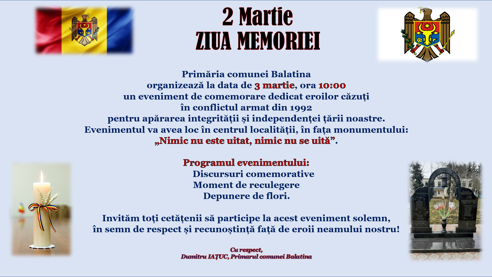 Anunț Ziua Memoriei și Recunoștinței la Balatina!